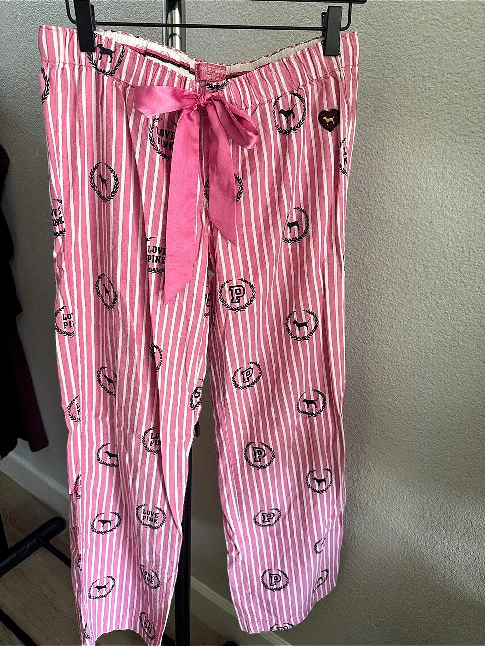 Victoria Secret PINK Striped Pajama Pants in Pink & White with Blue Logo